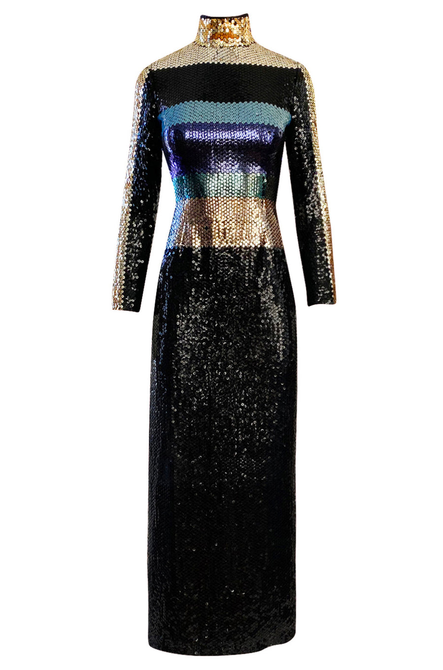 Late 1970s Pierre Cardin Blue Green & Gold Striped Black Sequin Dress –  Shrimpton Couture