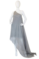 1980s Donna Karan Silver One Shoulder Gown