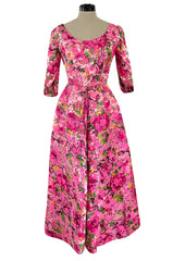 Gorgeous 1960s Jean Louis Pink w Green Floral Raised Silk Brocade Midi Dress