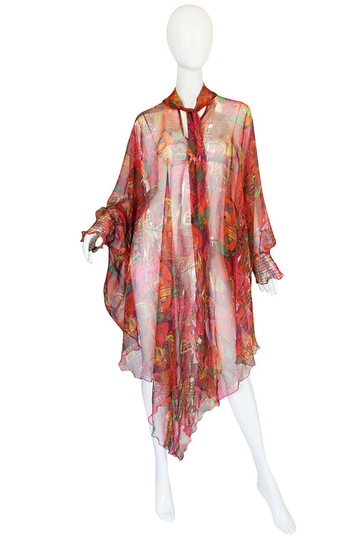 1970s Printed Chiffon Cover Up Cape Poncho