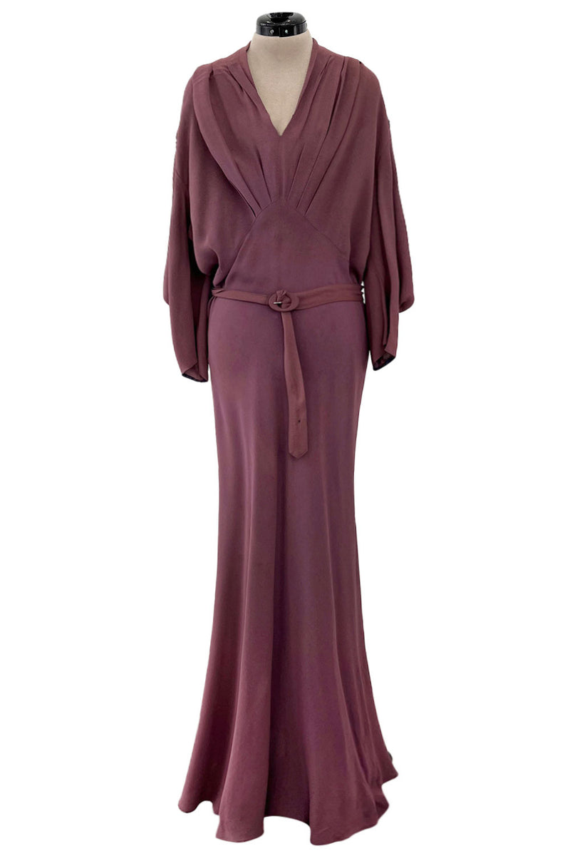 Unusual 1930s Avant Garde Mauve Moss Crepe Dress w Hand Beaded Sleeve Detailings