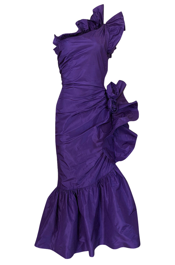 Spring 1982 Unlabeled Givenchy One Shoulder Purple Silk Dress