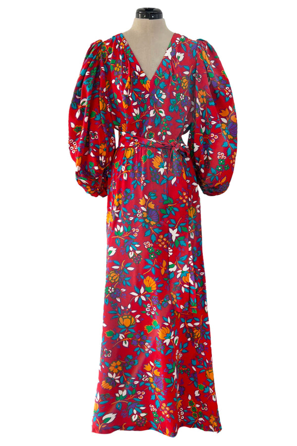 Prettiest Spring 1983 Yves Saint Laurent Runway Printed Floral Red Silk Dress w Tie Belt