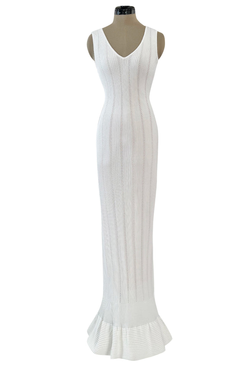 Mid 2000s Azzedine Alaia Supermodel Length White Knit w Nude Underlay Illusion Dress