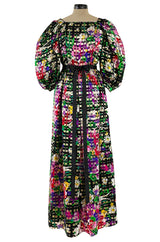 Beautiful 1970s Michael Novarese Ribbon Weave Silk Chiffon Bright Floral & Metallic Dress