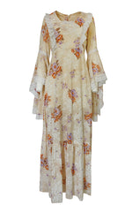 1970s Printed Angel Sleeve Floral Print Cotton Dress