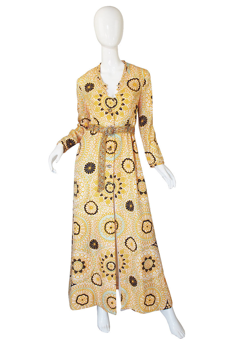 1960s Yellow Print Dressing Robe w Beaded Belt