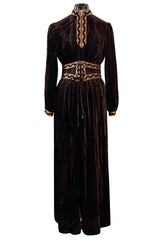 Late 1960s Oscar de la Renta Deep Brown Flat Velvet & Brocade Dress w Slit Sleeves & Lace Belt