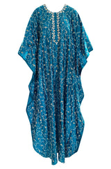 1970s Elaborately Embroidered Deep Turquoise Blue Silk Caftan Dress