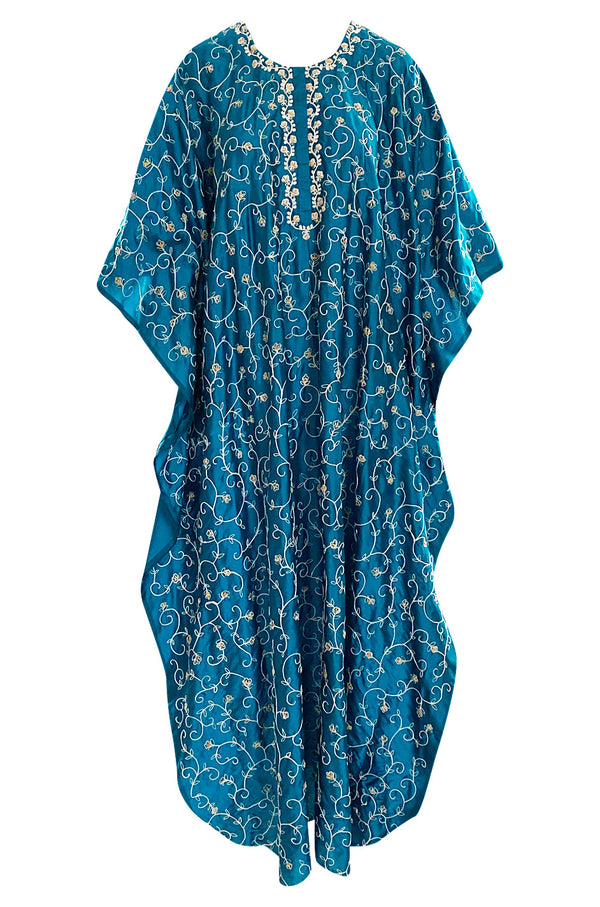 1970s Elaborately Embroidered Deep Turquoise Blue Silk Caftan Dress