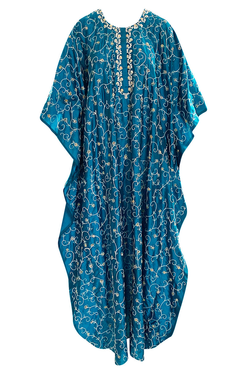 1970s Elaborately Embroidered Deep Turquoise Blue Silk Caftan Dress