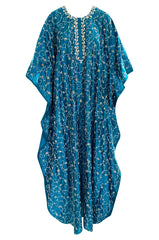 1970s Elaborately Embroidered Deep Turquoise Blue Silk Caftan Dress