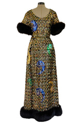 Late 1960s Oscar De La Renta Gold Sequin & Huge Paillettes Detailed Dress w Mink Cuffs