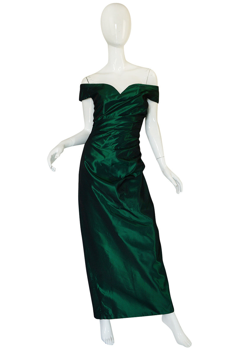 1980s Emerald Silk Taffeta Dior Off Shoulder Dress