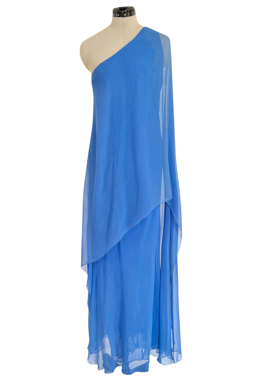 Incredible 1973 Halston One Shoulder Couture Brilliant Blue Silk Chiffon Dress