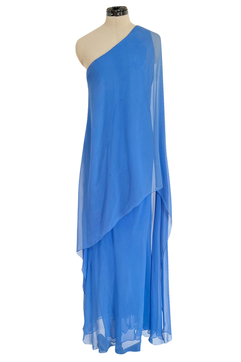 Incredible 1973 Halston One Shoulder Couture Brilliant Blue Silk Chiff Shrimpton Couture Incredible 1973 Halston One Shoulder Couture Brilliant Blue Silk Chiff Shrimpton Couture