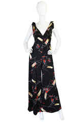 1970s Print Jersey Plunging Wide Leg Jumpsuit