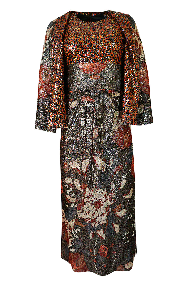 1975 Bill Blass Floral Print Metallic Lurex & Sequin Dress Set