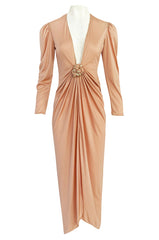 1981 Bill Tice Peach Nylon Jersey Long Sleeve Deep Plunge Dress w Gold Lame Flower & Trim