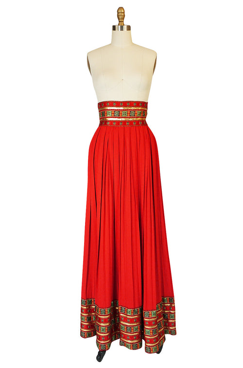 1970s Red Lanvin Demi-Couture Pleat & Silk Brocade Skirt