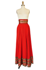 1970s Red Lanvin Demi-Couture Pleat & Silk Brocade Skirt