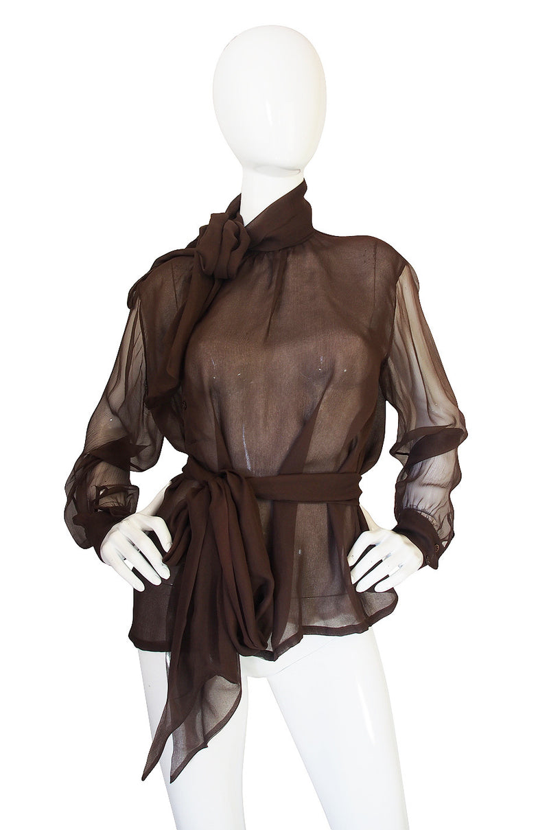 1970s Yves Saint Laurent Chocolate Silk Chiffon Top