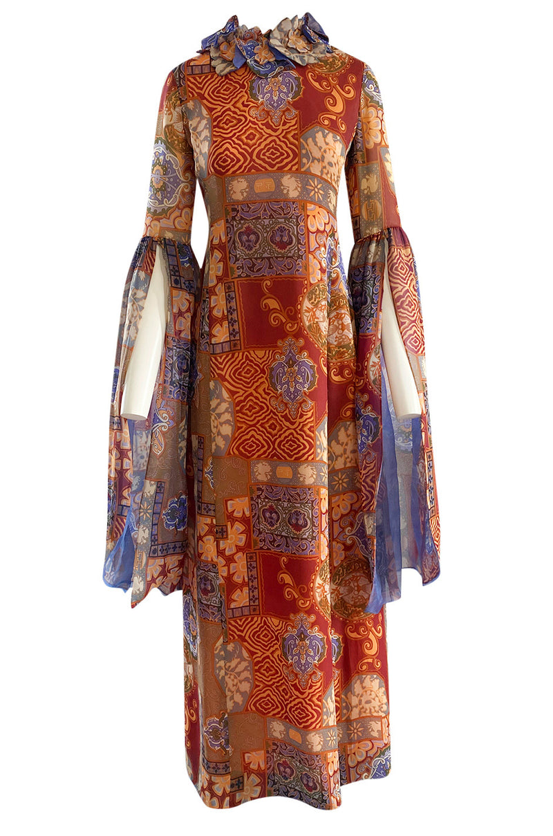 Spectacular 1960s Tina Leser Original  Printed Silk Voile Extra Long Angel Sleeve Dress
