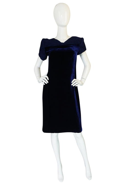 1980s Valentino Haute Couture Blue Silk Velvet Shift Dress