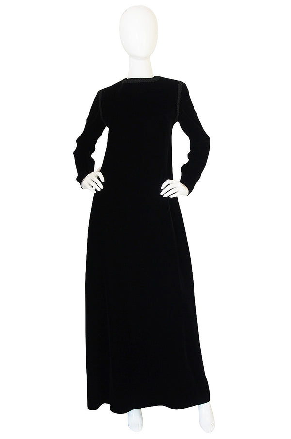 1970s Black Velvet & Braid Yves Saint Laurent Dress