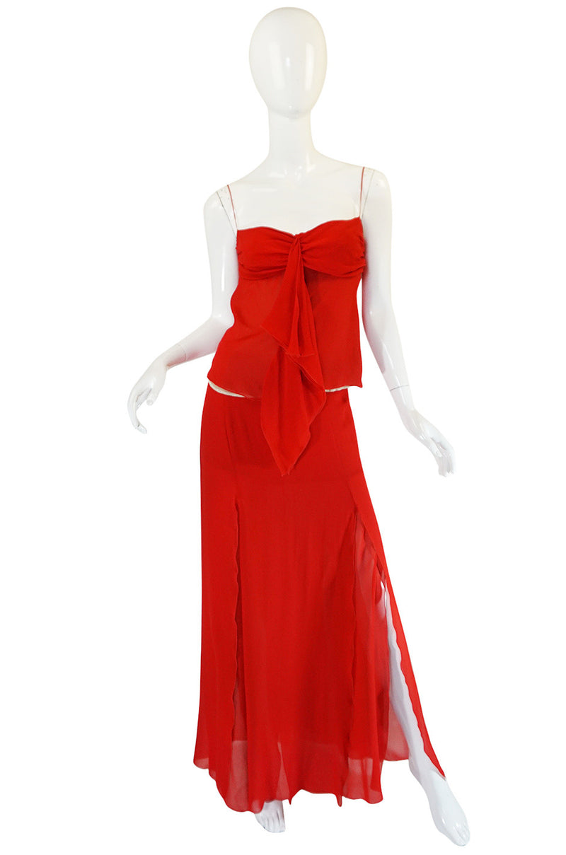 1990s Valentino Red Silk Chiffon Top & Skirt Dress Set