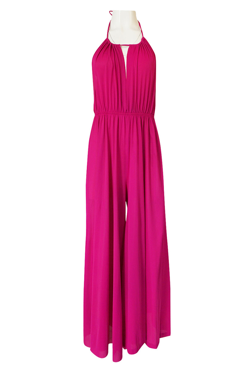 1960s Unlabelled Bright Pink Nylon Wide Leg Backless Jumpsuit