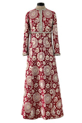 Stunning 1970s Adele Simpson Red & Gold Brocade Dress w Rhinestone Detailing