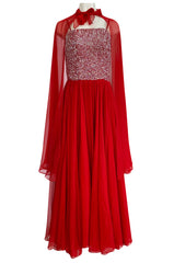 1960s Unlabeled Red Silk Chiffon & Sequin Dress w Matching Cape