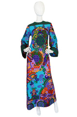 1960s Vivid Bright Printed British Colony Caftan Dress