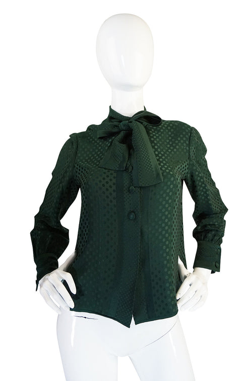 1970s Yves Saint Laurent attr Deep Green Silk Dot Top