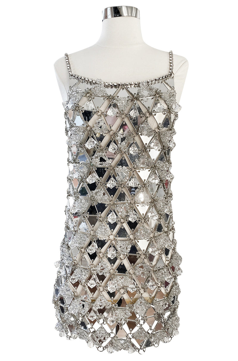 paco rabanne mini dress c.1967 Paco Rabanne Couture Mirrored Triangle, Metal, Rhinestone & Beaded Mini Dress w Matching Bag