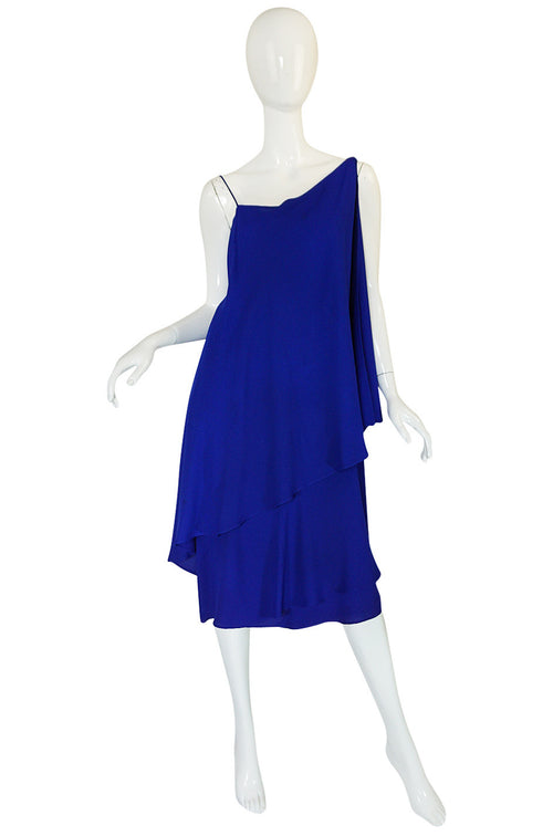 1980-82 Ruffled Halston Spiral Dress in Royal Blue Silk