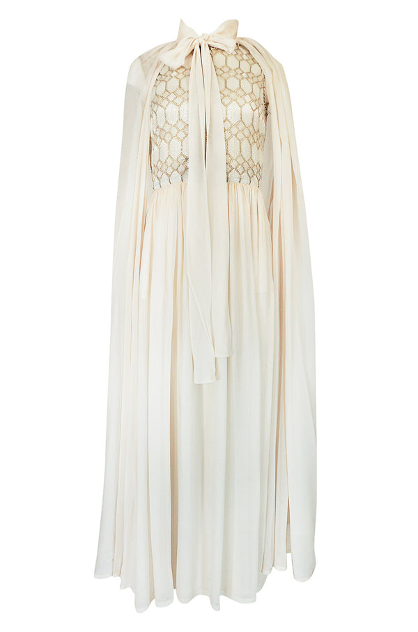 Spring 1961 Balmain Haute Couture Lesage Ivory Beaded Dress w Detachable Cape