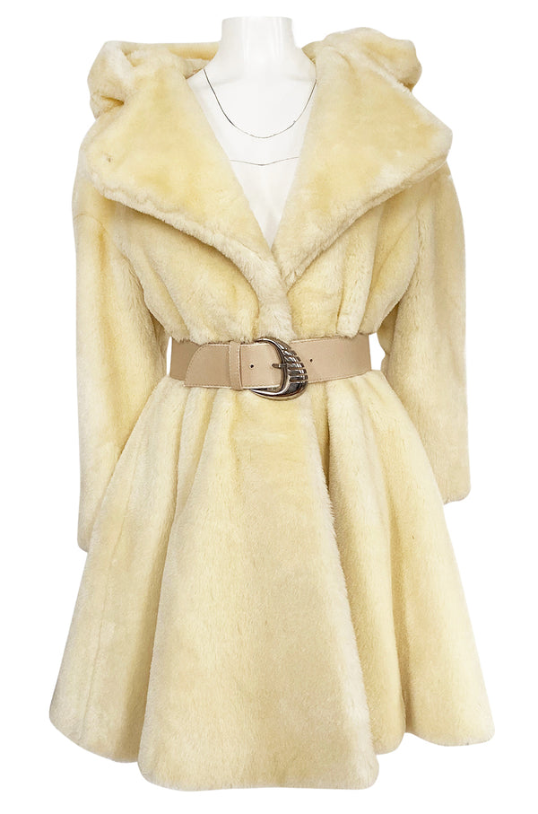 Incredible 1980s Thierry Mugler Cinched Waist Faux Fur Hooded Coat