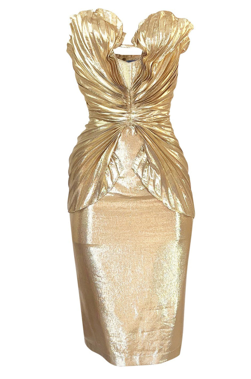 Rare Spring 1985 Thierry Mugler Bombshell Pleated Gold Lurex 'Shell' D Shrimpton Couture Rare Spring 1985 Thierry Mugler Bombshell Pleated Gold Lurex 'Shell' D Shrimpton Couture