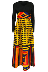 1970s Unlabeled Bright Graphic Printed Yellow & Red Full Skirted Dress