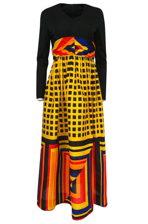 1970s Unlabeled Bright Graphic Printed Yellow & Red Full Skirted Dress