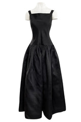 1980s Oscar De La Renta Black Silk Taffeta Dropped Waist Full Skirt Dress w Button Back