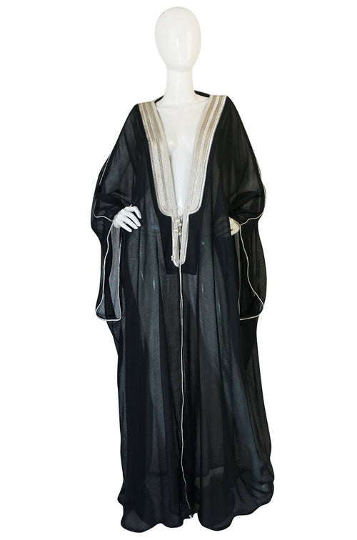 1970s Black Caftan w Silver Thread Embroidered Trim & Edging