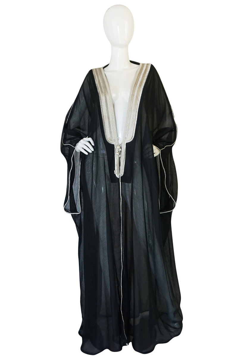 1970s Black Caftan w Silver Thread Embroidered Trim & Edging