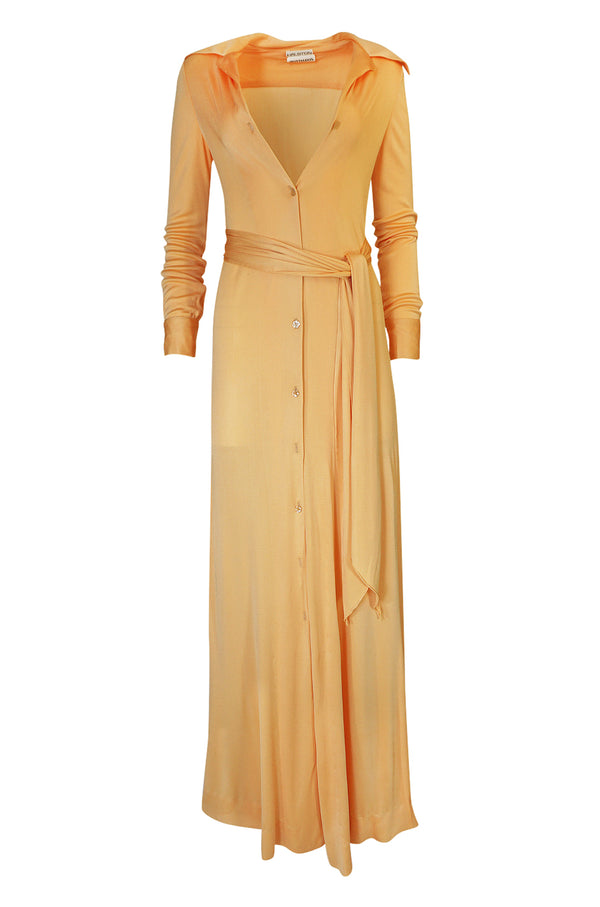 Rare 1972 Halston Couture Peach Silk Jersey Belted Shirt Dress