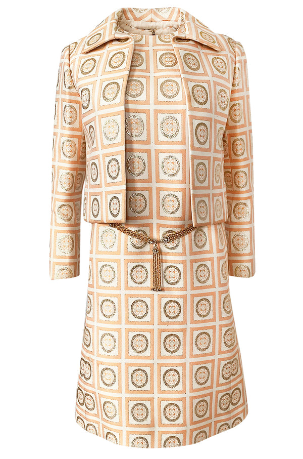1960s Christian Dior Demi-Couture Peach & Metallic Gold Dress & Jacket