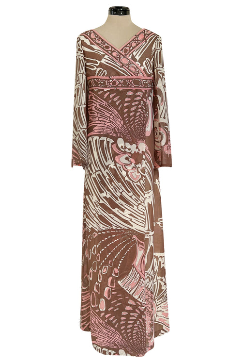 Wonderful 1960s Emilio Pucci Pink & Taupe Printed Silk Chiffon Caftan Dress