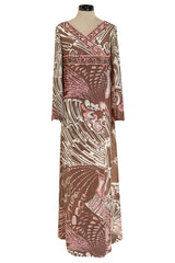 Wonderful 1960s Emilio Pucci Pink & Taupe Printed Silk Chiffon Caftan Dress