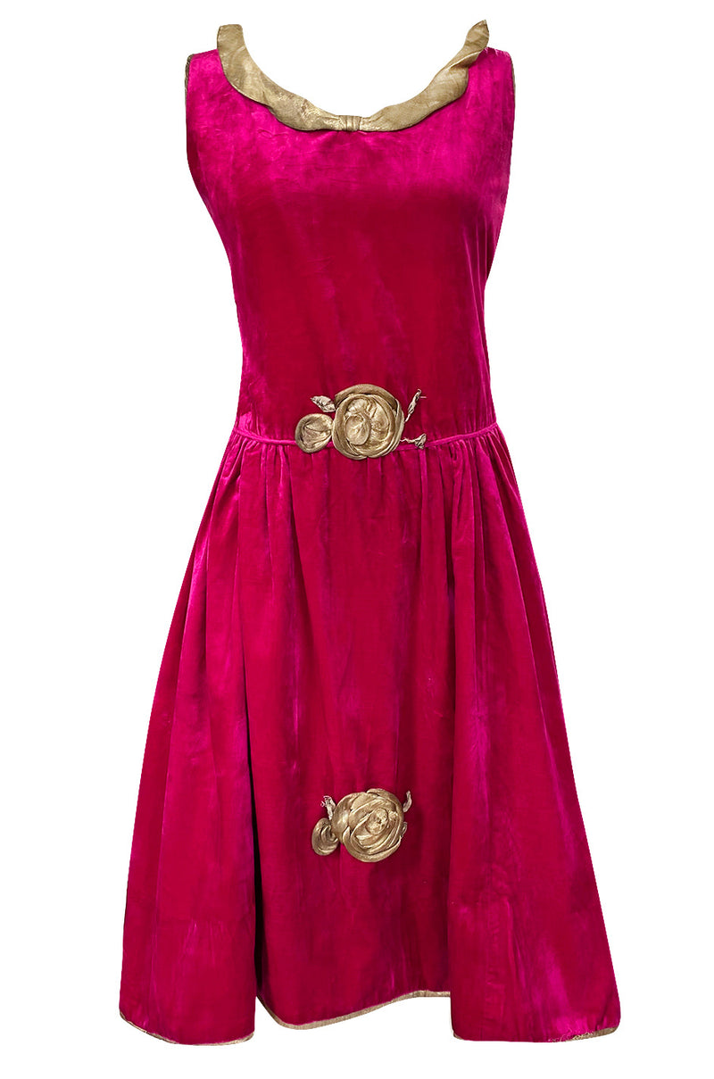 1920s Deep Fuchsia Pink Velvet Dress w Gold Lame Flowers & Trim Shrimpton Couture 1920s Deep Fuchsia Pink Velvet Dress w Gold Lame Flowers & Trim Shrimpton Couture